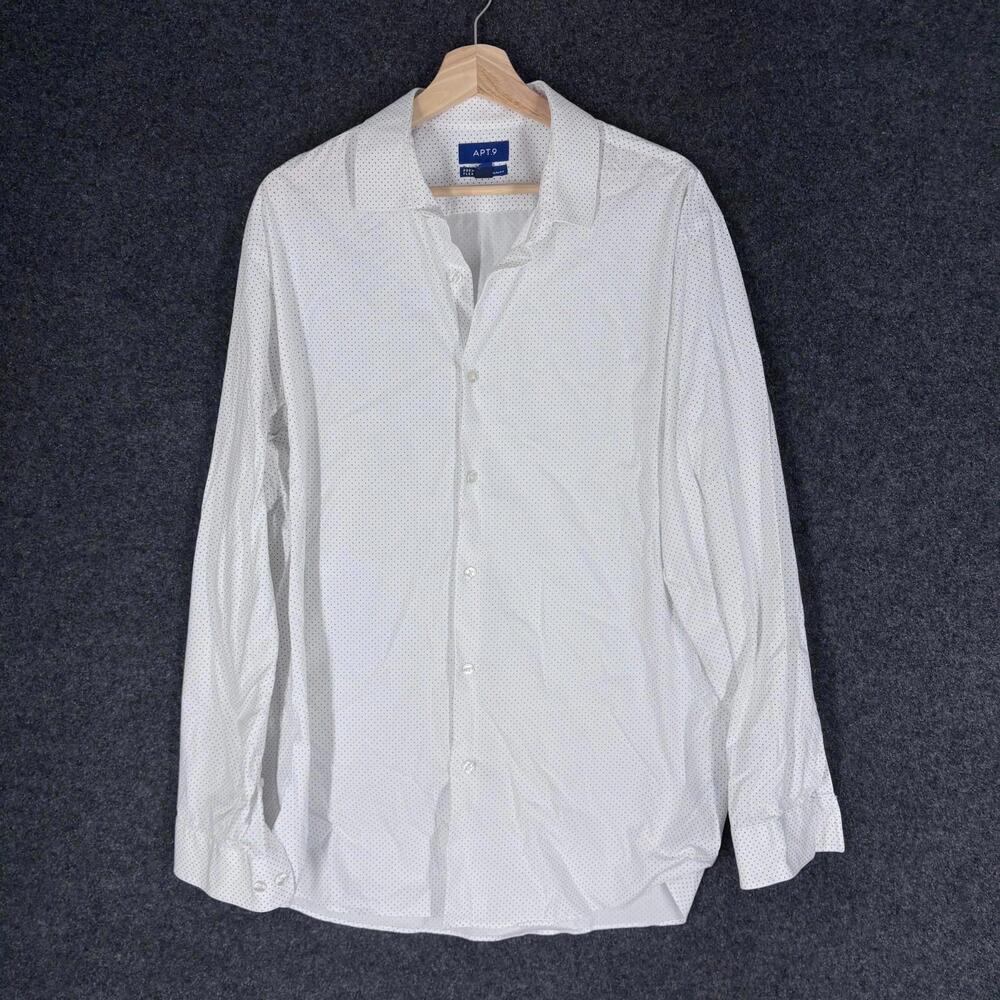 Apt. 9 Shirt Men XL White Polka Dot Button Up Collared Long Sleeve Cotton Slim